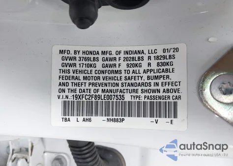 2020 Honda Civic Sport из США, поврежденный, VIN 19XFC2F89LE007535